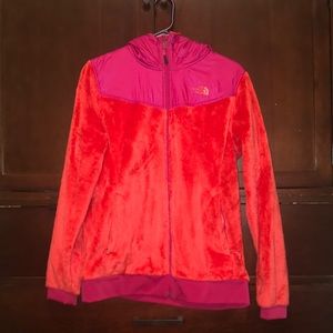 Red North face fleecy fall jacket